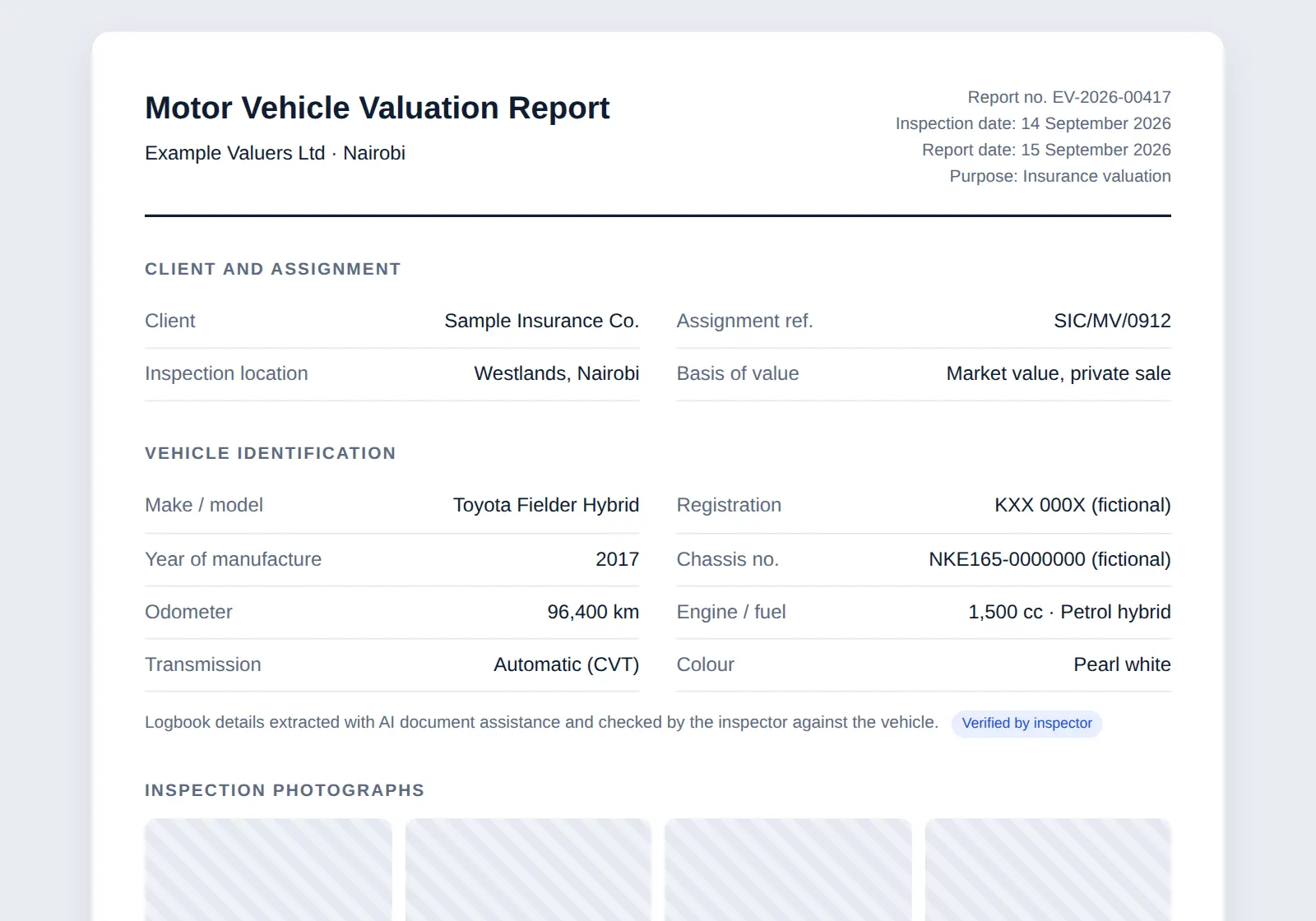 Sample motor vehicle valuation report for a fictional vehicle